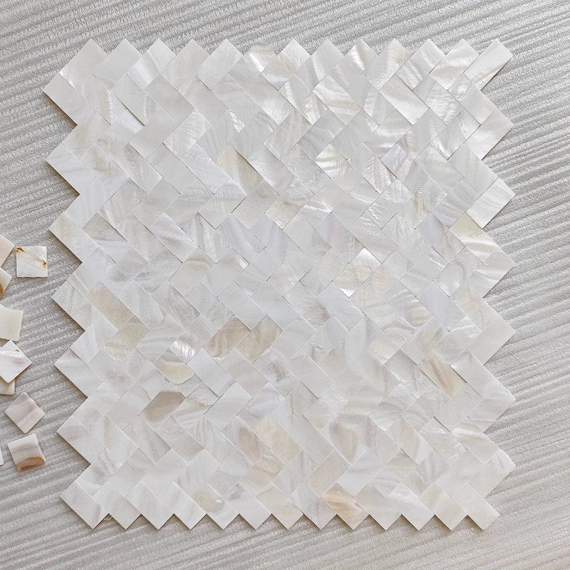 White Herringbone Groutless Mother of Pearl Mosaic Tile for Bathroom Kitchen and Shower Wall Tile