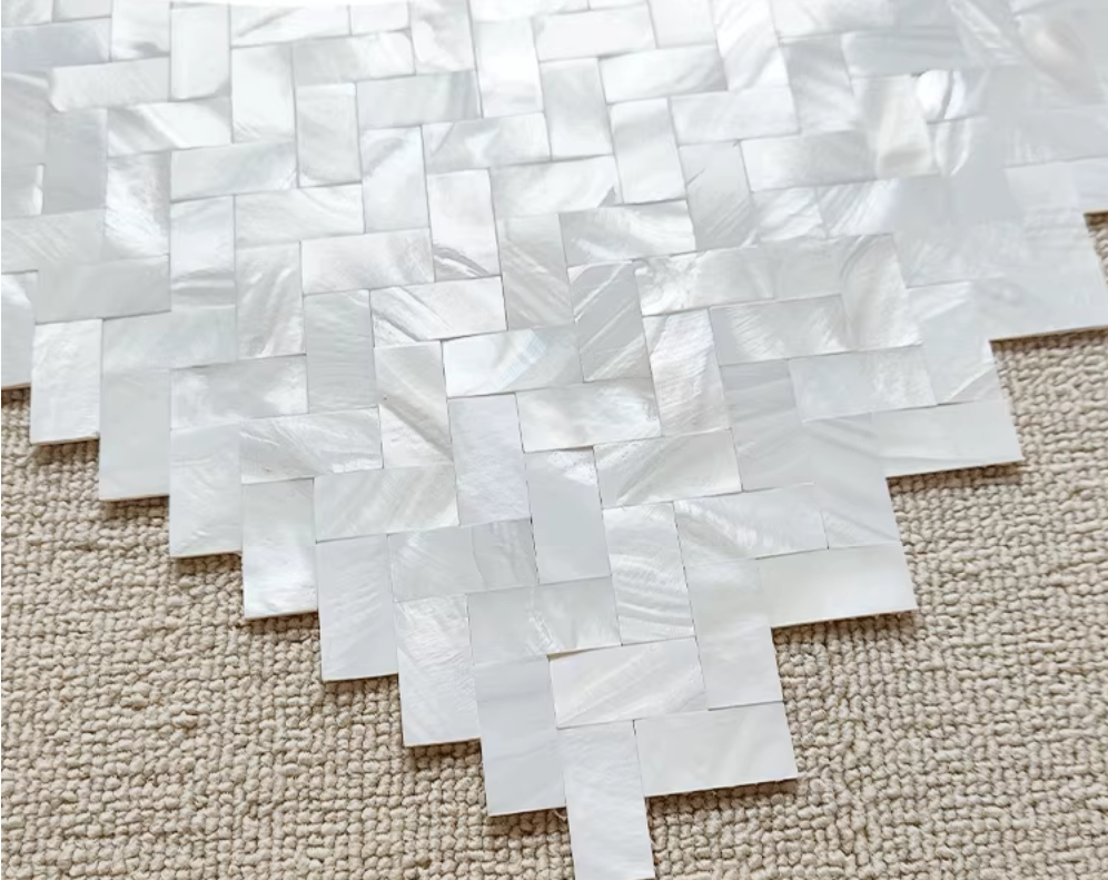 White Herringbone Groutless Mother of Pearl Mosaic Tile for Bathroom Kitchen and Shower Wall Tile