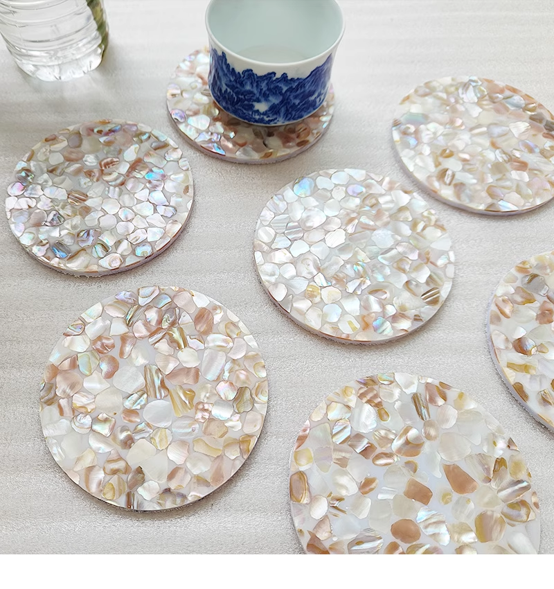 Exquisite Handmade Bespoke Mother of Pearl Coaster with Dapple Pebble Mosaic for Table Decor