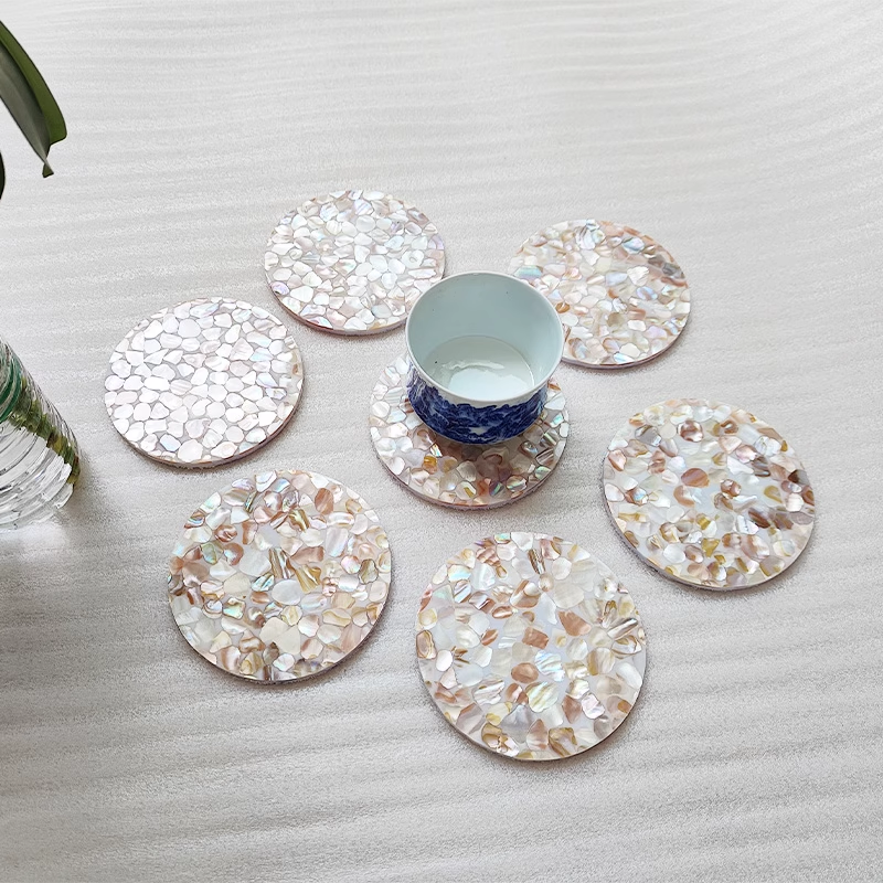Exquisite Handmade Bespoke Mother of Pearl Coaster with Dapple Pebble Mosaic for Table Decor