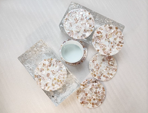 Exquisite Handmade Bespoke Mother of Pearl Coaster with Dapple Pebble Mosaic for Table Decor