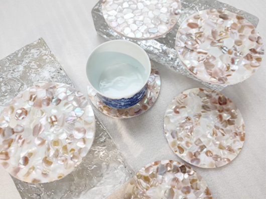 Exquisite Handmade Bespoke Mother of Pearl Coaster with Dapple Pebble Mosaic for Table Decor