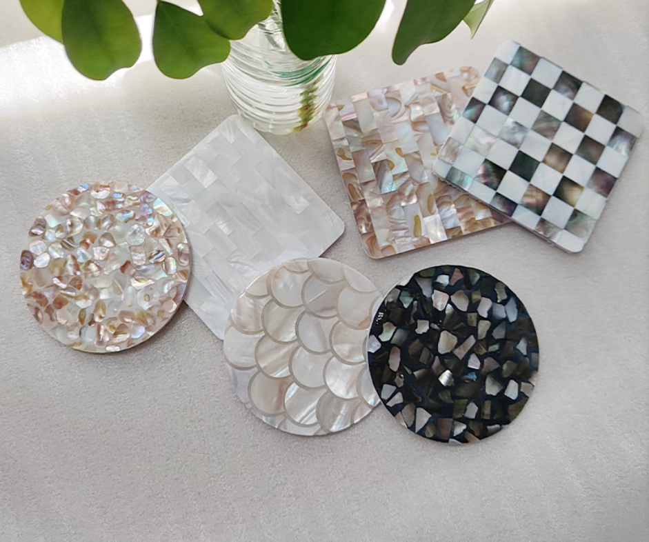 Exquisite Handmade Bespoke Mother of Pearl Coaster with Dapple Pebble Mosaic for Table Decor