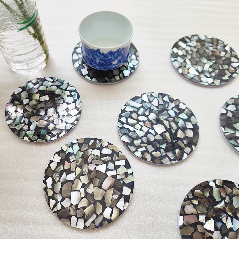 Exquisite Handmade Bespoke Mother of Pearl Coaster with Black Pebble Mosaic for Table Decor