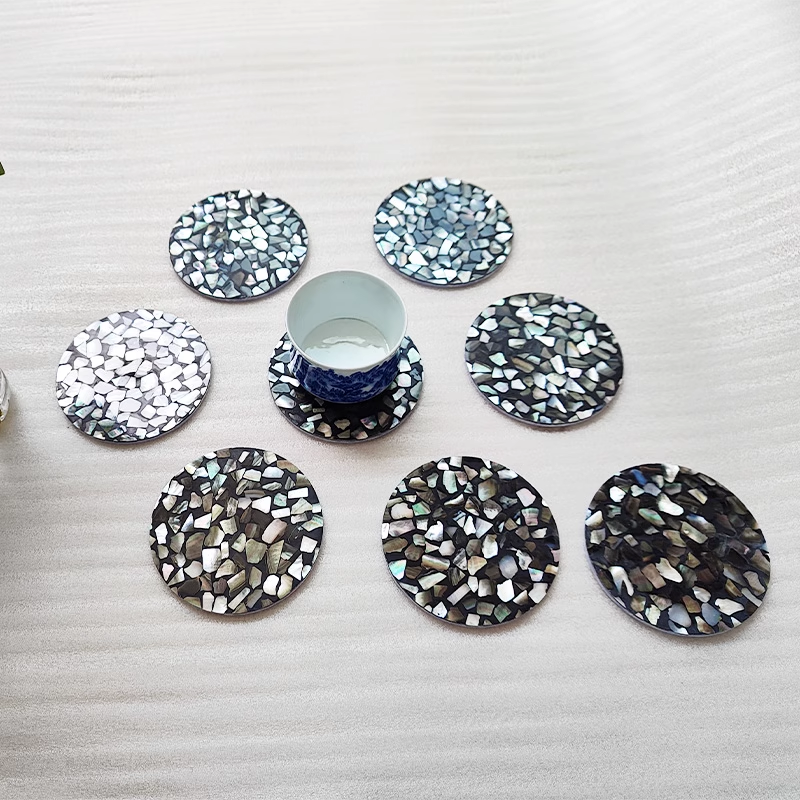 Exquisite Handmade Bespoke Mother of Pearl Coaster with Black Pebble Mosaic for Table Decor
