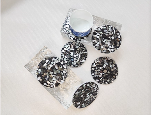 Exquisite Handmade Bespoke Mother of Pearl Coaster with Black Pebble Mosaic for Table Decor