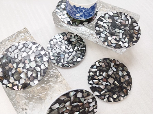 Exquisite Handmade Bespoke Mother of Pearl Coaster with Black Pebble Mosaic for Table Decor