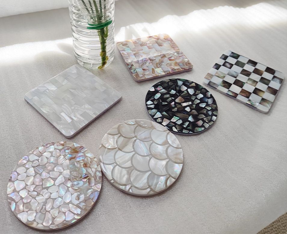 Exquisite Handmade Bespoke Mother of Pearl Coaster with Black Pebble Mosaic for Table Decor
