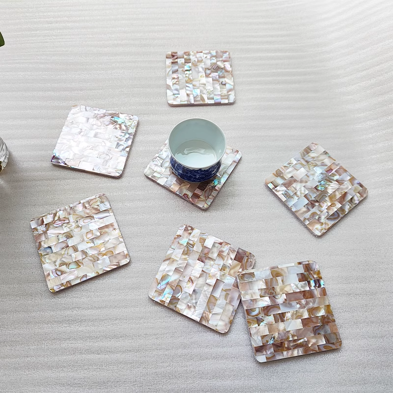 Exquisite Handmade Bespoke Mother of Pearl Coaster with Dapple Brick Mosaic for Table Decor