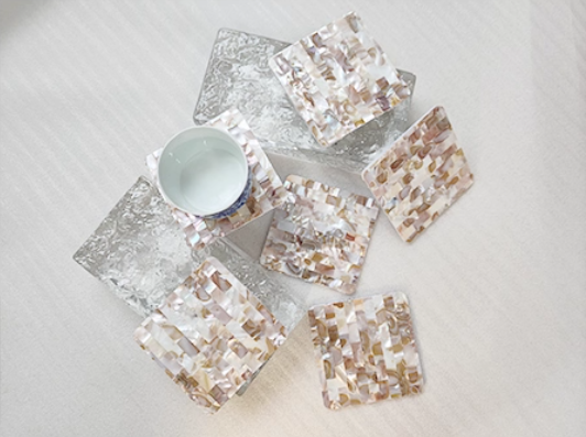 Exquisite Handmade Bespoke Mother of Pearl Coaster with Dapple Brick Mosaic for Table Decor