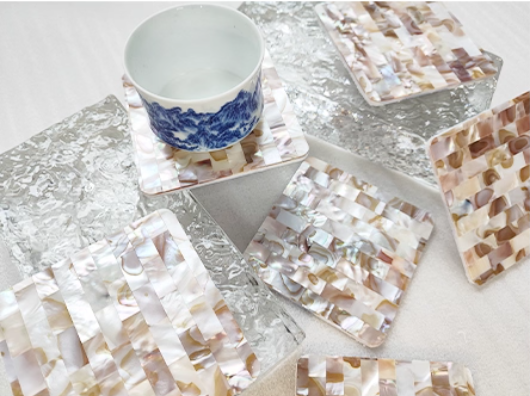 Exquisite Handmade Bespoke Mother of Pearl Coaster with Dapple Brick Mosaic for Table Decor