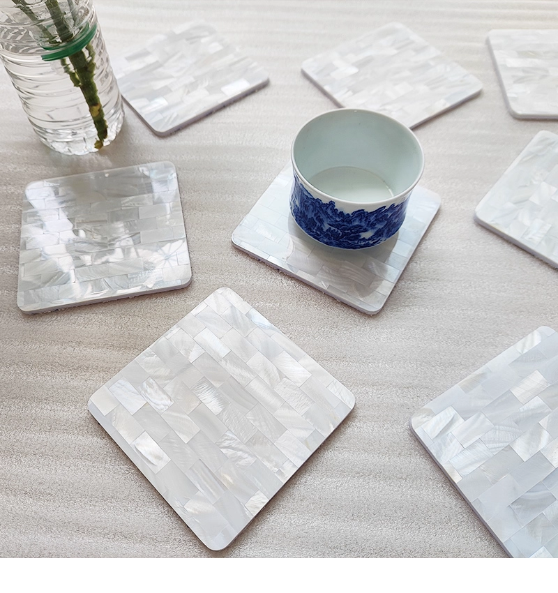 Exquisite Handmade Bespoke Mother of Pearl Coaster with White Brick Mosaic for Table Decor