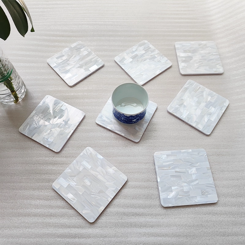 Exquisite Handmade Bespoke Mother of Pearl Coaster with White Brick Mosaic for Table Decor