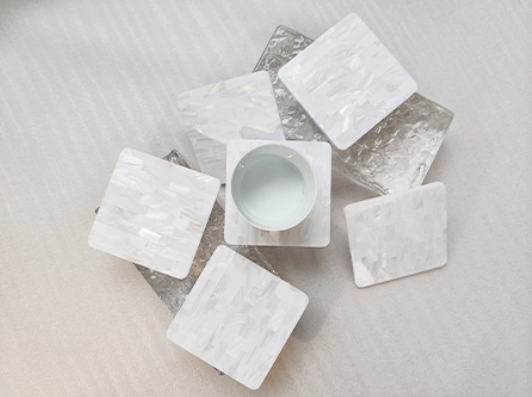 Exquisite Handmade Bespoke Mother of Pearl Coaster with White Brick Mosaic for Table Decor