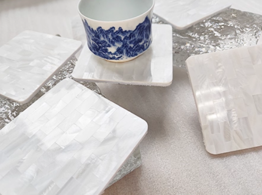 Exquisite Handmade Bespoke Mother of Pearl Coaster with White Brick Mosaic for Table Decor