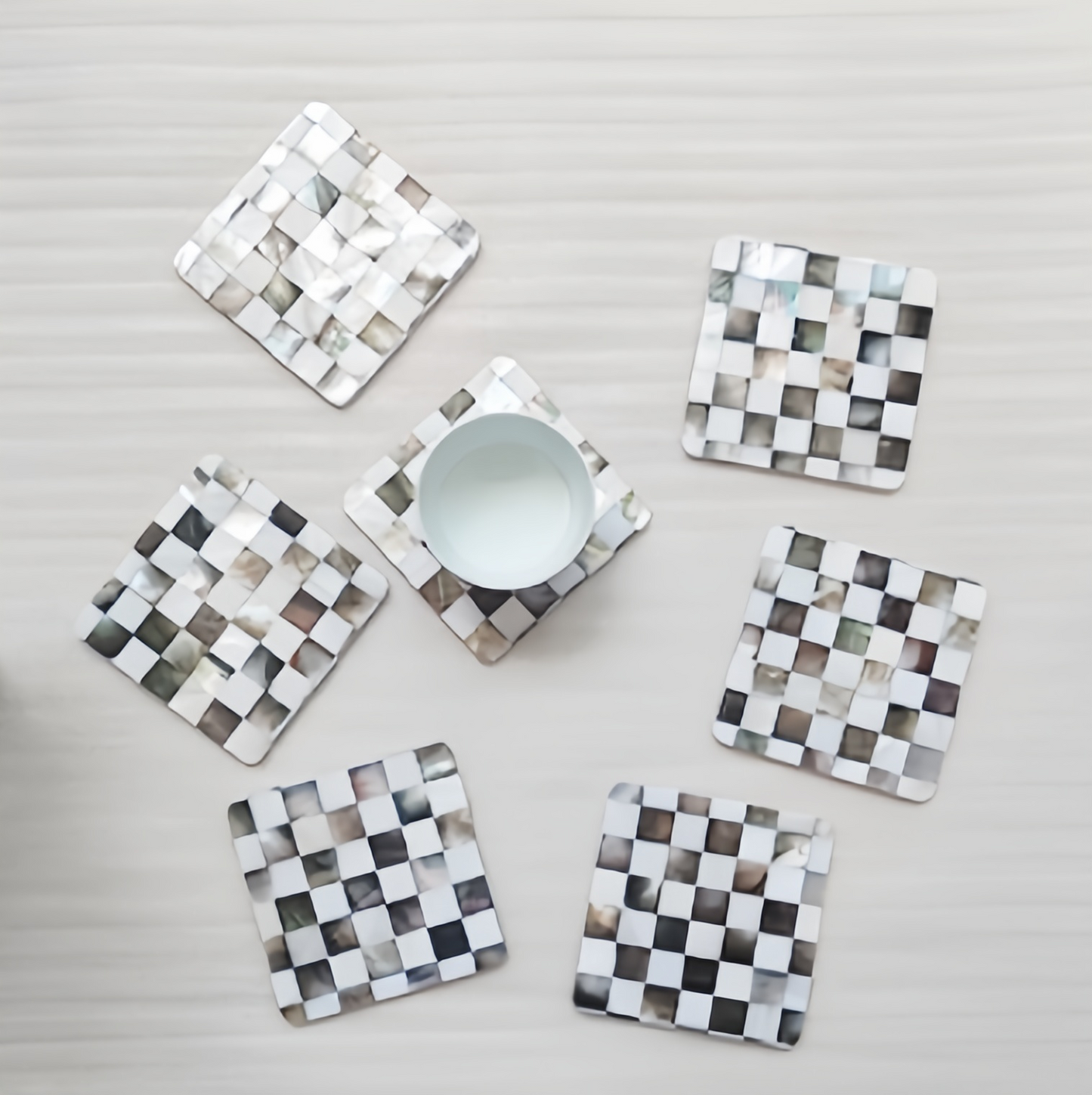 Exquisite Handmade Bespoke Mother of Pearl Coaster with Black and White Mosaic for Table Decor
