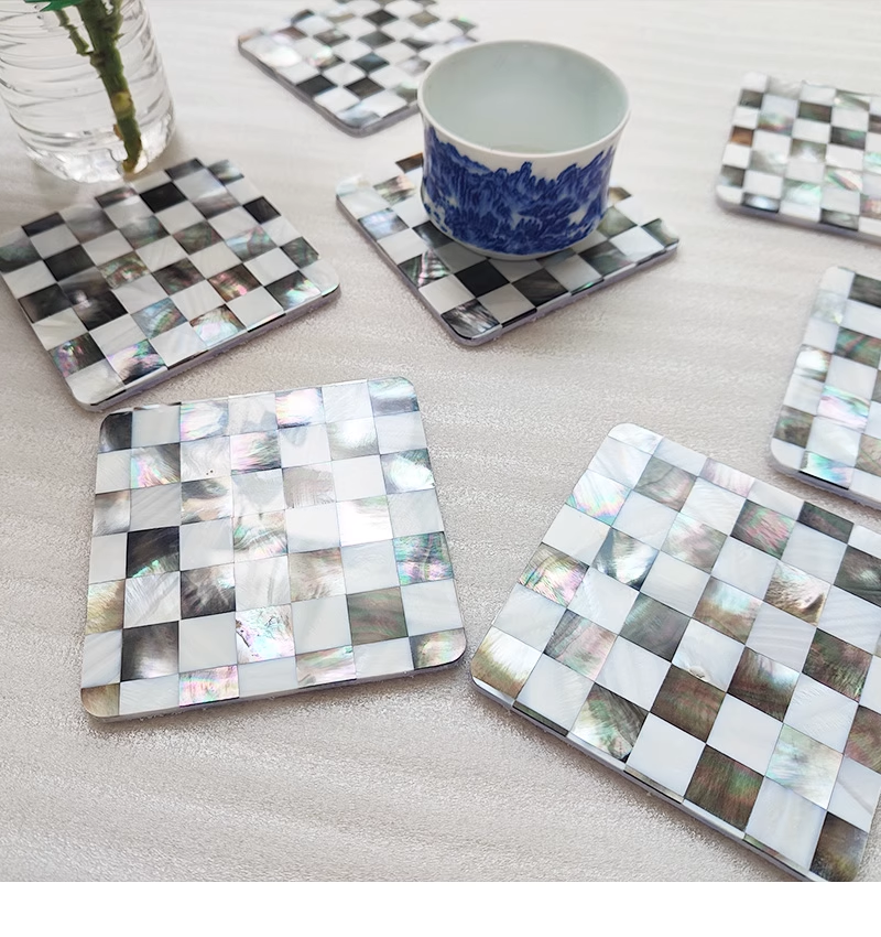 Exquisite Handmade Bespoke Mother of Pearl Coaster with Black and White Mosaic for Table Decor