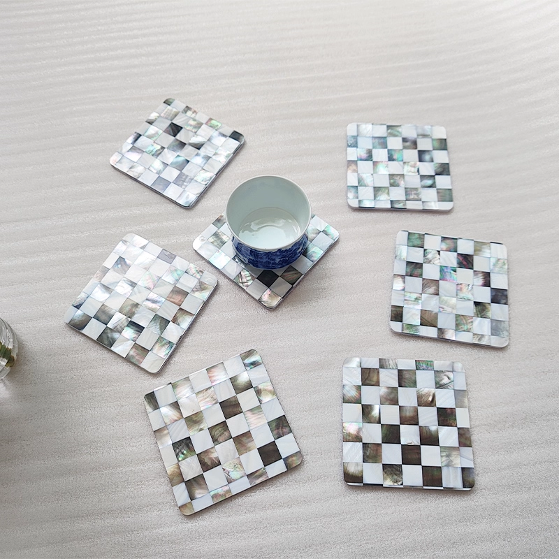 Exquisite Handmade Bespoke Mother of Pearl Coaster with Black and White Mosaic for Table Decor