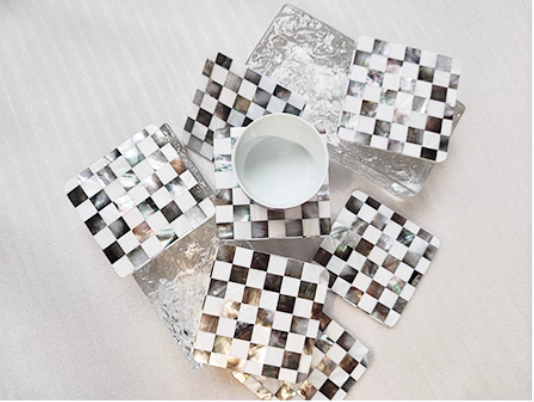 Exquisite Handmade Bespoke Mother of Pearl Coaster with Black and White Mosaic for Table Decor
