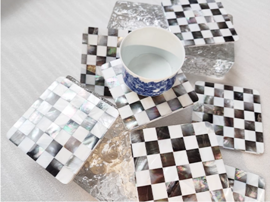 Exquisite Handmade Bespoke Mother of Pearl Coaster with Black and White Mosaic for Table Decor