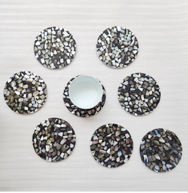 Exquisite Handmade Bespoke Mother of Pearl Coaster with Black Pebble Mosaic for Table Decor