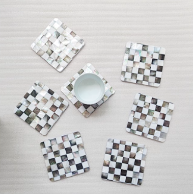 Exquisite Handmade Bespoke Mother of Pearl Coaster with Black and White Mosaic for Table Decor